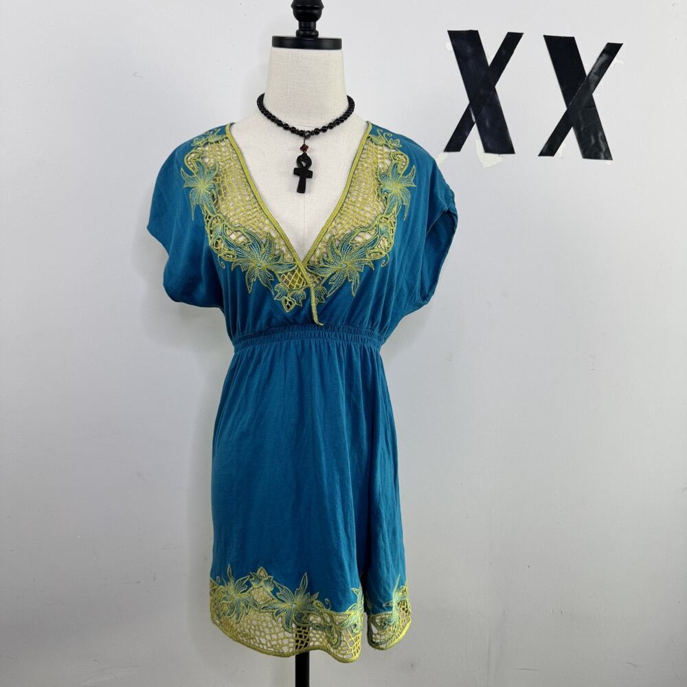 Vintage Y2K BCBG Embroidered Cutwork V-Neck Tunic Dress Top Indie M
